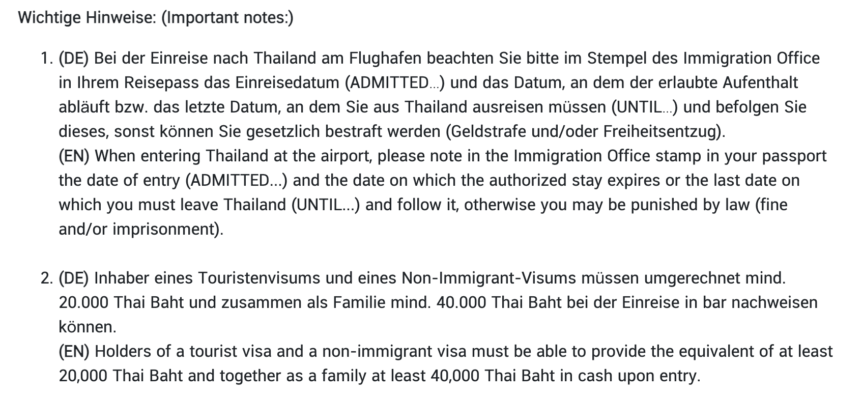 Offizielle Hinweise der thailändischen Immigration zu Einreisestempel, Aufenthaltsdauer und Bargeldnachweis bei der Einreise nach Thailand